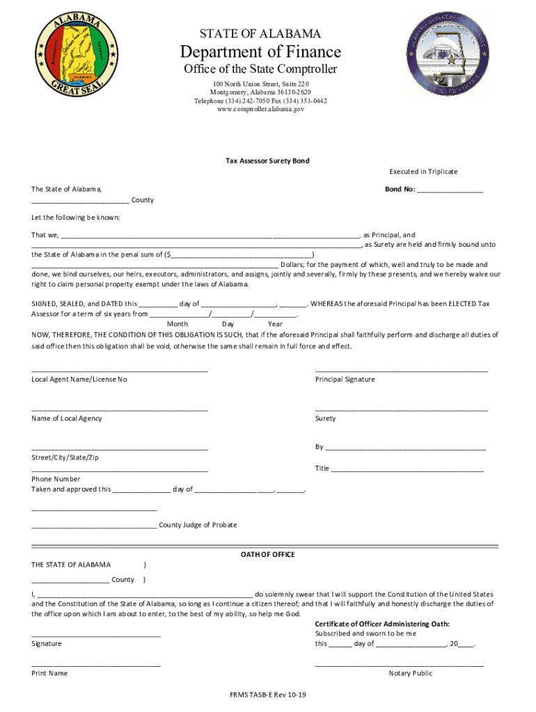 Fillable Online comptroller alabama Tax Assessor Surety BondElected