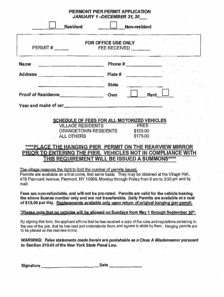 Fillable Online PIERMONT PIER PERMIT APPLICATION to the