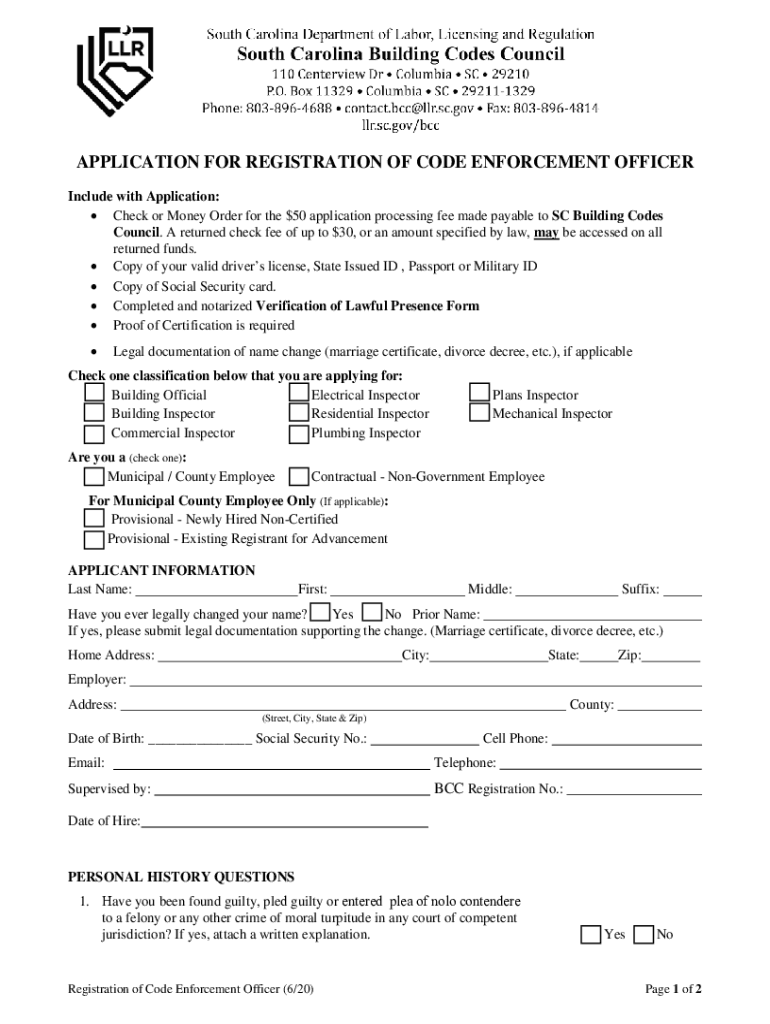 Fillable Online llr sc Apply for a New Code Enforcement Officer