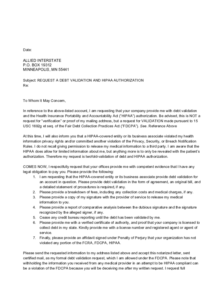 Allied Interstate Medical Collection Dispute Letter - Hipaa Form Online | Sellmyforms