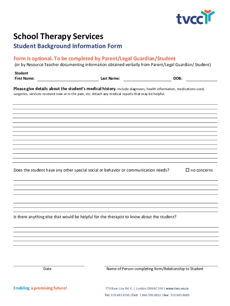 Fillable Online School Therapy Services Student Background Information