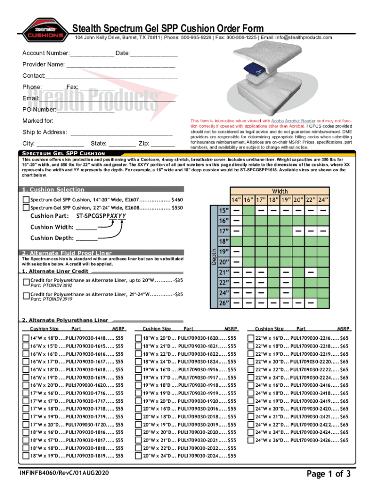Fillable Online Stealth Spectrum Foam SPP Cushion Order Form Fax Email