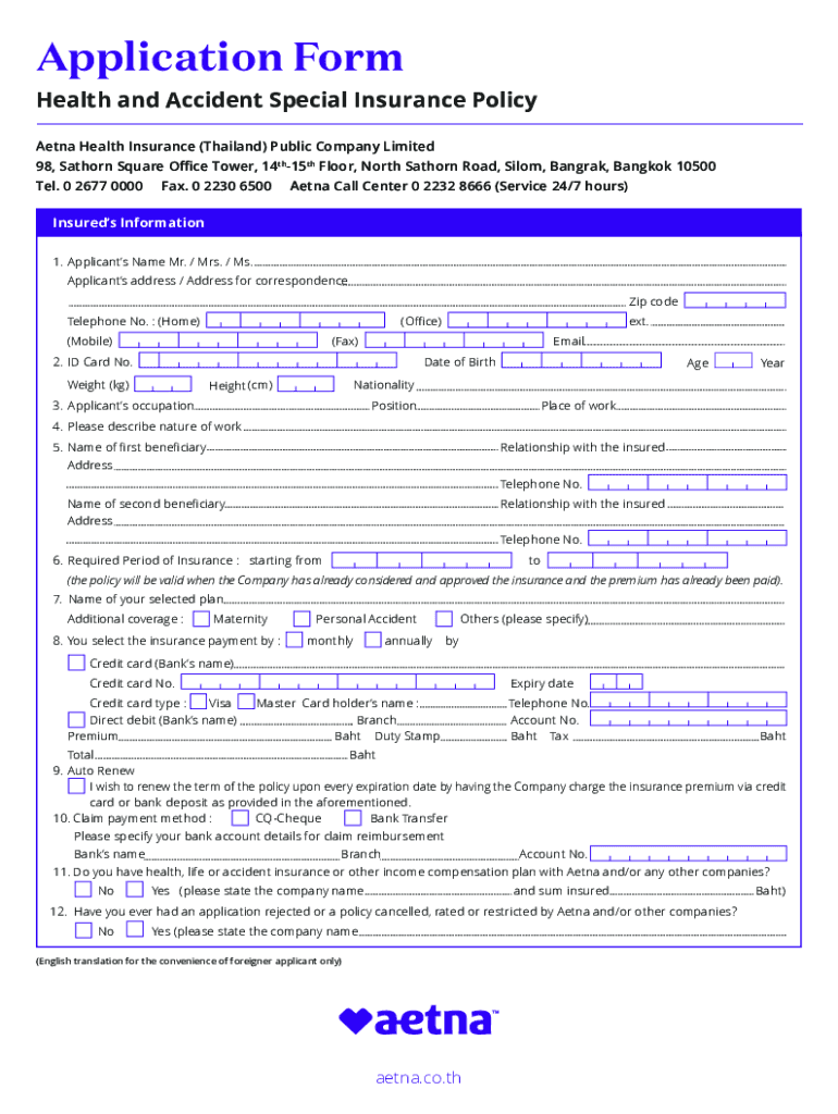 Fillable Online AETNA Thailand Health Appointed with