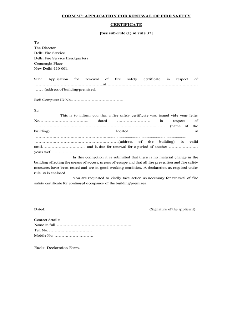 Fillable Online FORM J APPLICATION FOR RENEWAL OF FIRE SAFETY