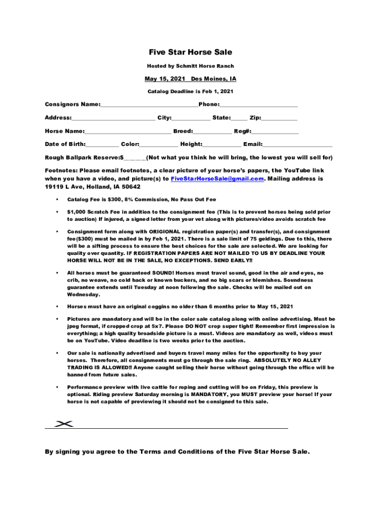 Fillable Online Five Star Horse Sale Fax Email Print pdfFiller