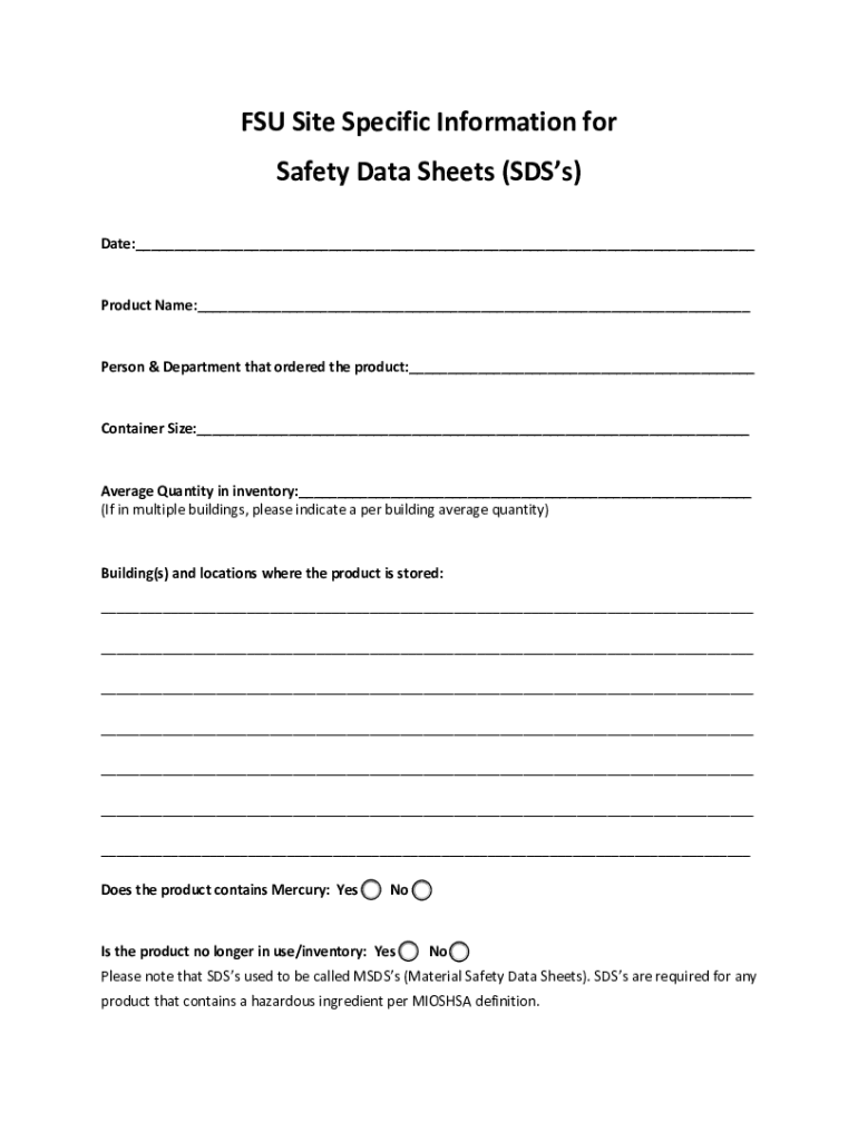 Fillable Online FSU Site Specific Information for Safety Data Sheets