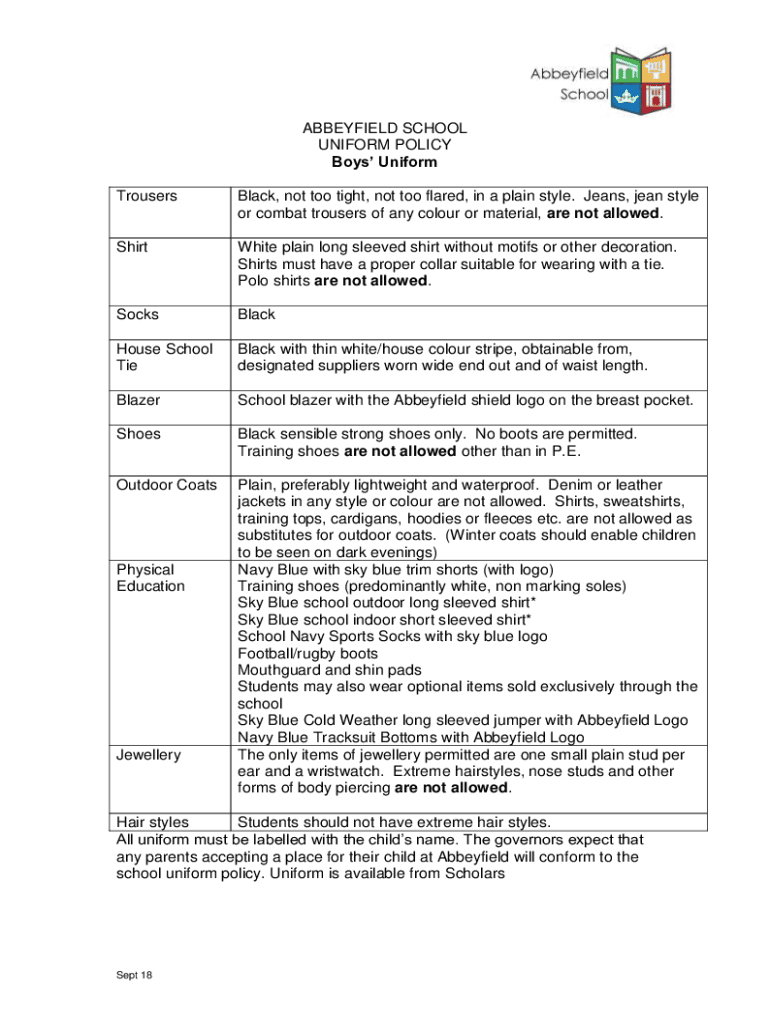 Fillable Online abbeyfield wilts sch Uniform Abbeyfield SchoolSchool