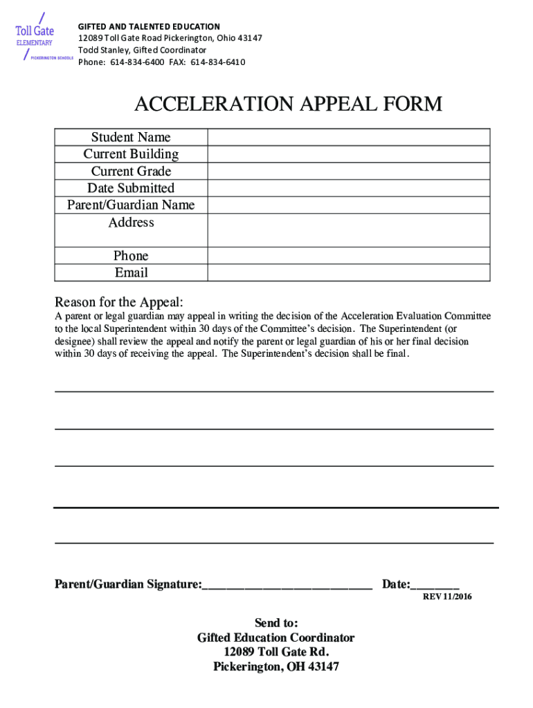 Fillable Online ACCELERATION APPEAL FORM pickerington.k12.oh.us Fax
