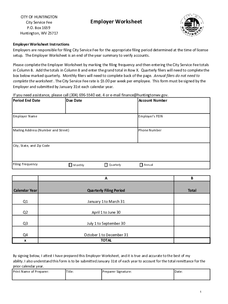 Fillable Online CITY OF HUNTINGTON City Service Fee Employer Worksheet