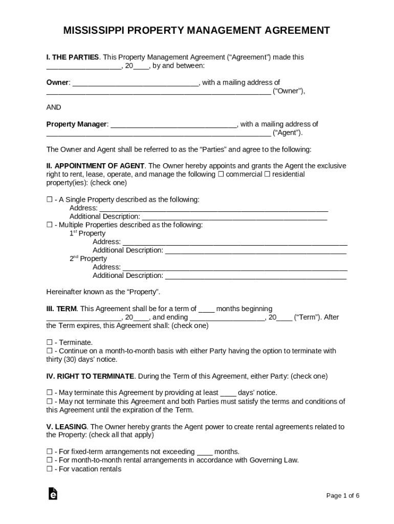 Mississippi Property Management Agreement Doc Template pdfFiller