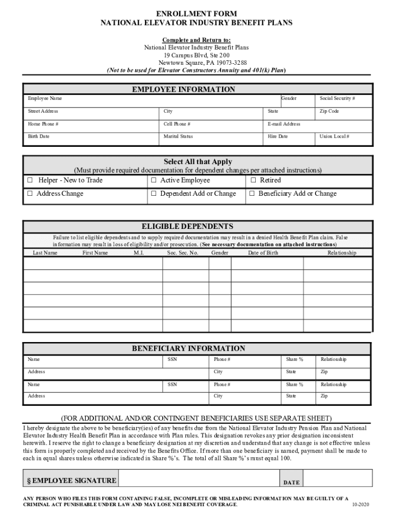 Fillable Online National Elevator Industry Health Benefit Plan Request