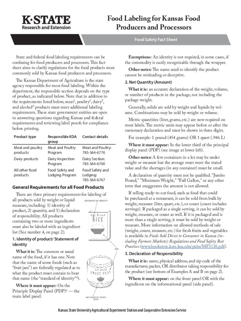 Fillable Online MF3385 Food Labeling for Kansas Food Producers and Processors. Revised for 2021