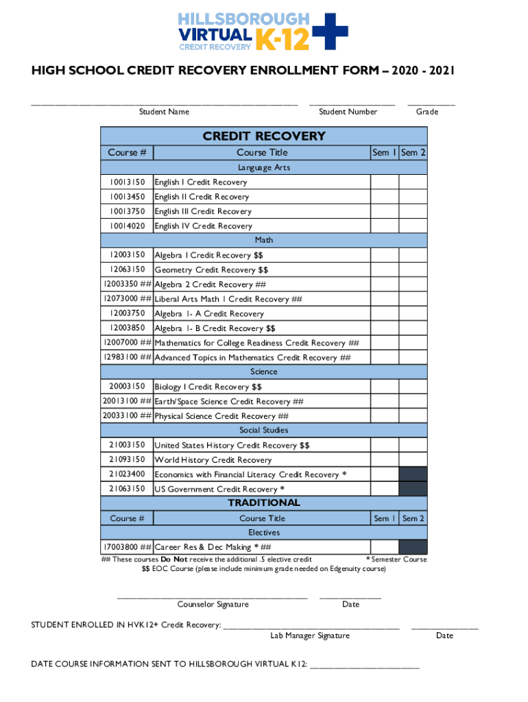Fillable Online HIGH SCHOOL CREDIT RECOVERY ENROLLMENT FORM Fax
