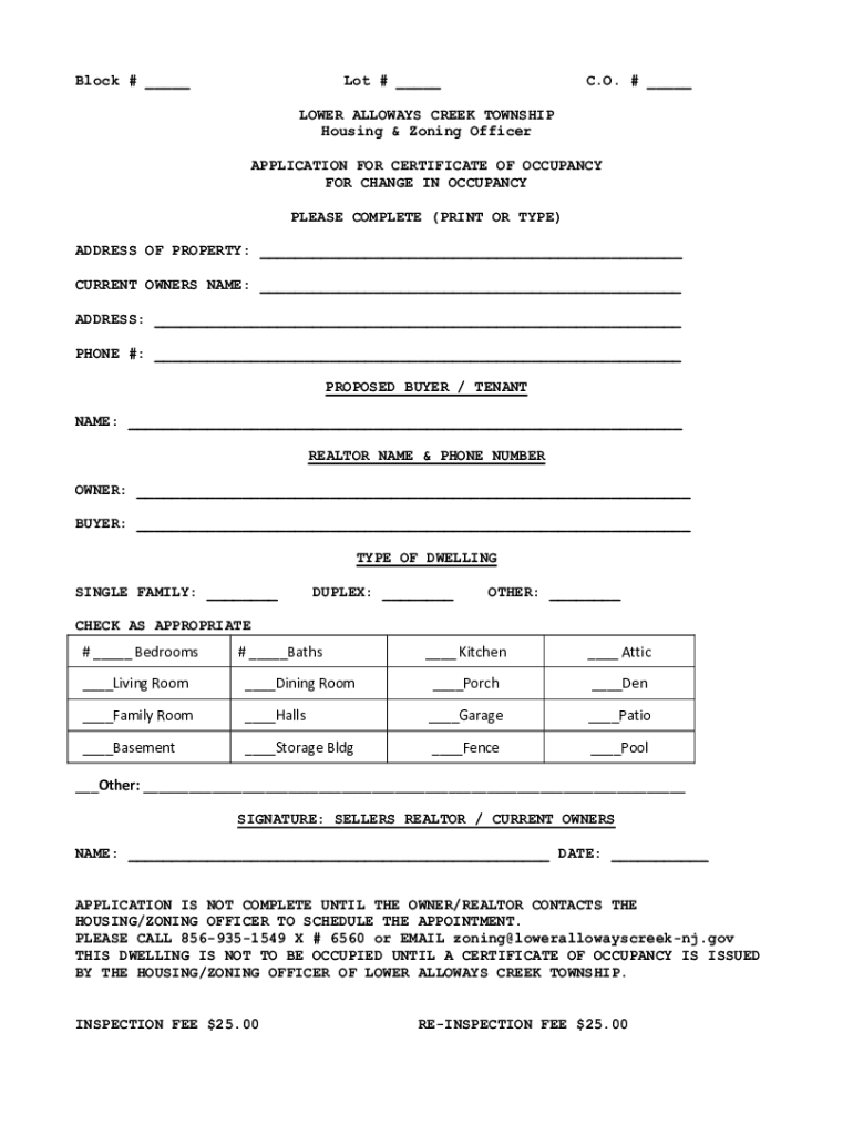 Fillable Online Block Lot C.O. LOWER ALLOWAYS CREEK TOWNSHIP