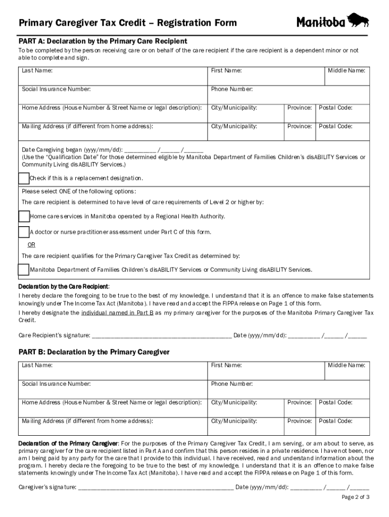 Fillable Online Primary Caregiver Tax Credit Registration Form Fax