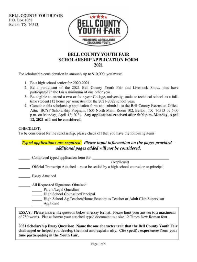 Fillable Online BELL COUNTY YOUTH FAIR SCHOLARSHIP APPLICATION FORM