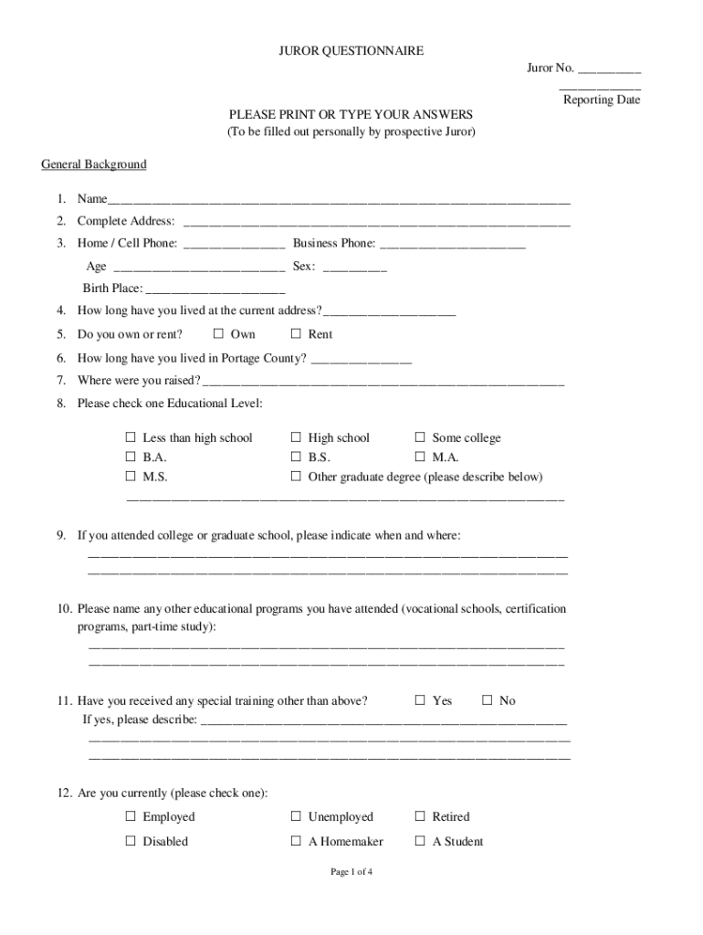 Fillable Online JUROR QUESTIONNAIRE PLEASE PRINT OR TYPE YOUR ANSWERS