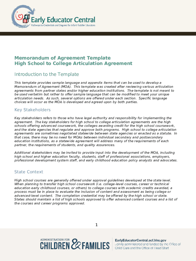 High School to College Articulation Agreement. Memorandum of Agreement