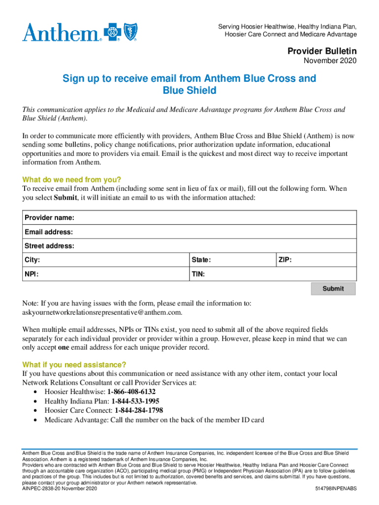 Fillable Online Hoosier Healthwise (HHW)Anthem BlueCross BlueShield