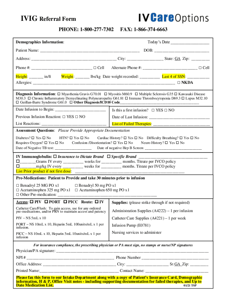 Fillable Online IVIG Referral Form IV Care Options Fax Email Print