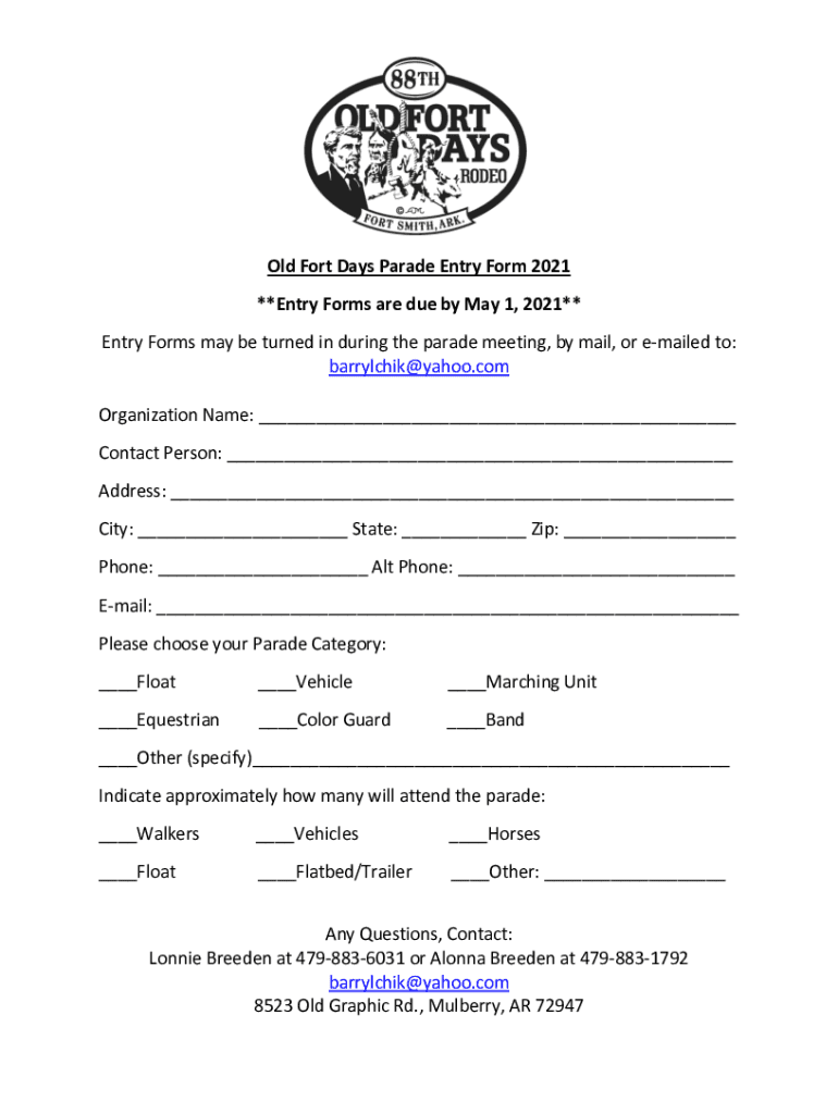 Fillable Online 2021Old Fort Days Parade Entry Form Fax Email Print