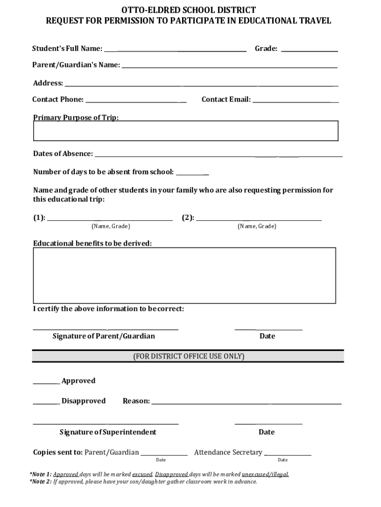 Fillable Online OTTOELDRED SCHOOL DISTRICT EDUCATIONAL TRAVEL Fax