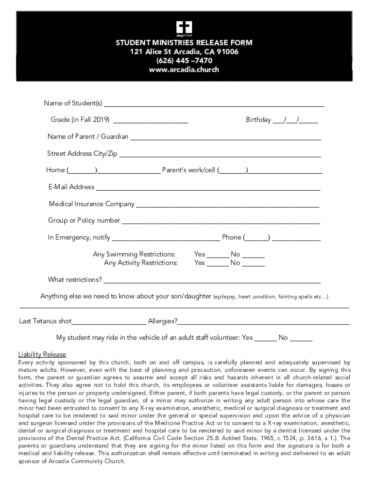 Fillable Online ARCADIA PRESBYTERIAN CHURCH CROSS CULTURE STUDENT