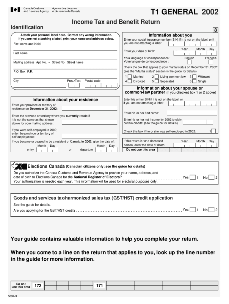 Fillable Online 5000R T1 General 2002 Tax and Benefit Return