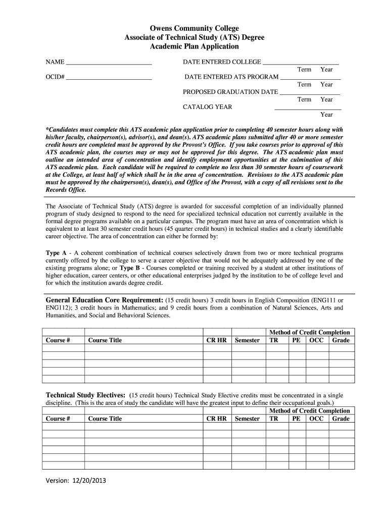 Fillable Online catalog owens ATS Degree Academic Plan bApplicationb