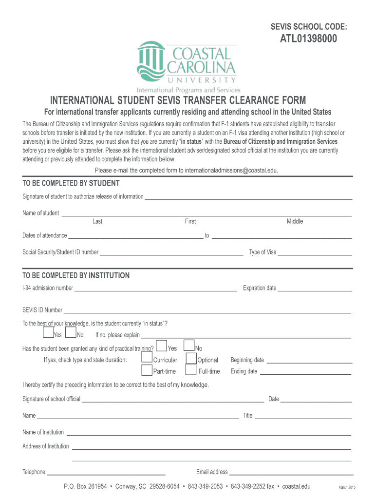 Fillable Online coastal International Admission Application (PDF) Coastal Carolina Fax