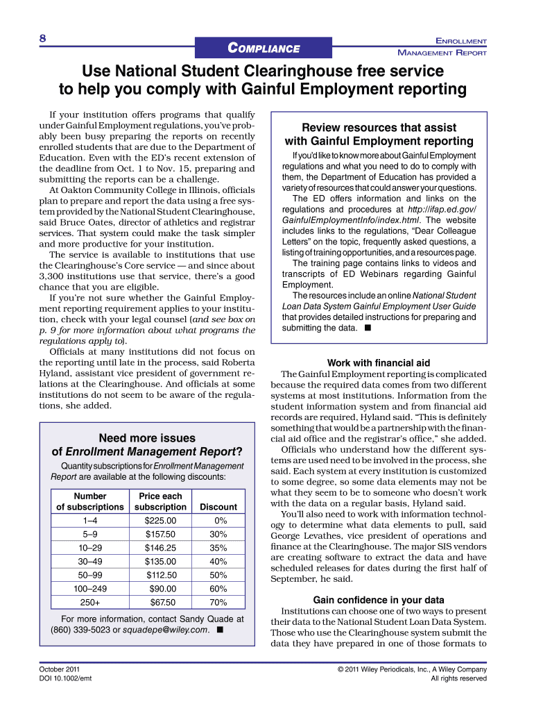 Fillable Online studentclearinghouse 8 CoMplianCe Eport Use National