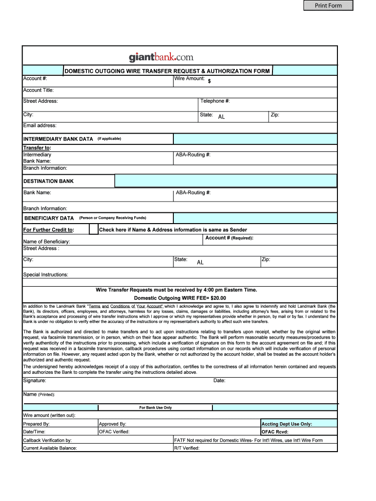 Fillable Online Domestic Wire Transfer Request & Authorization Form Fax