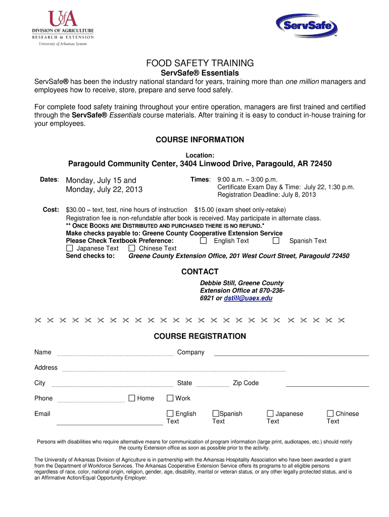 Fillable Online uaex Food Safety Training ServSafe Essentials Food