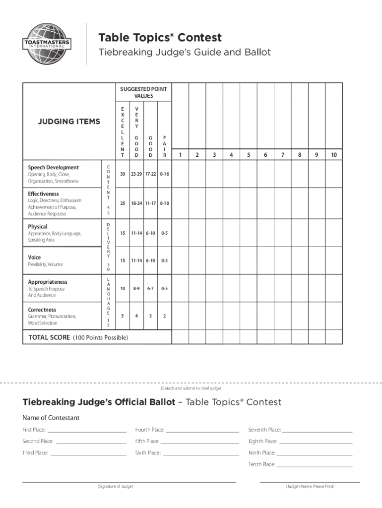 Fillable Online Table Topics conTesT Tiebreaking Judges guide and