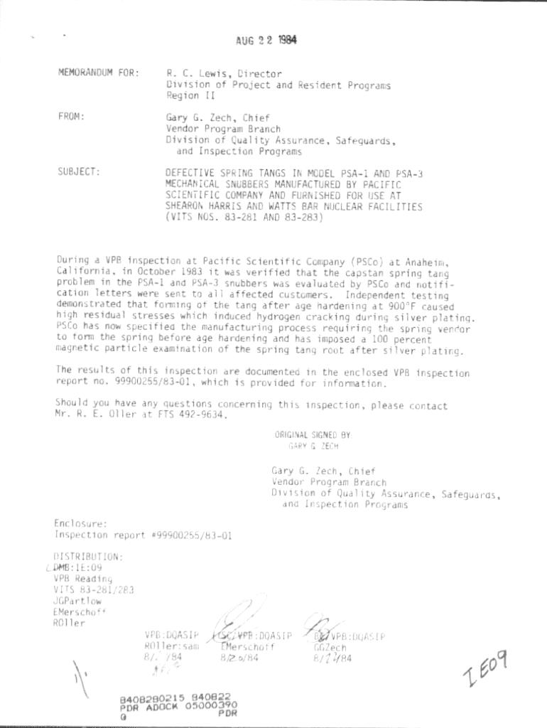 Fillable Online Forwards QA Insp Rept 999000255/8301 re defective