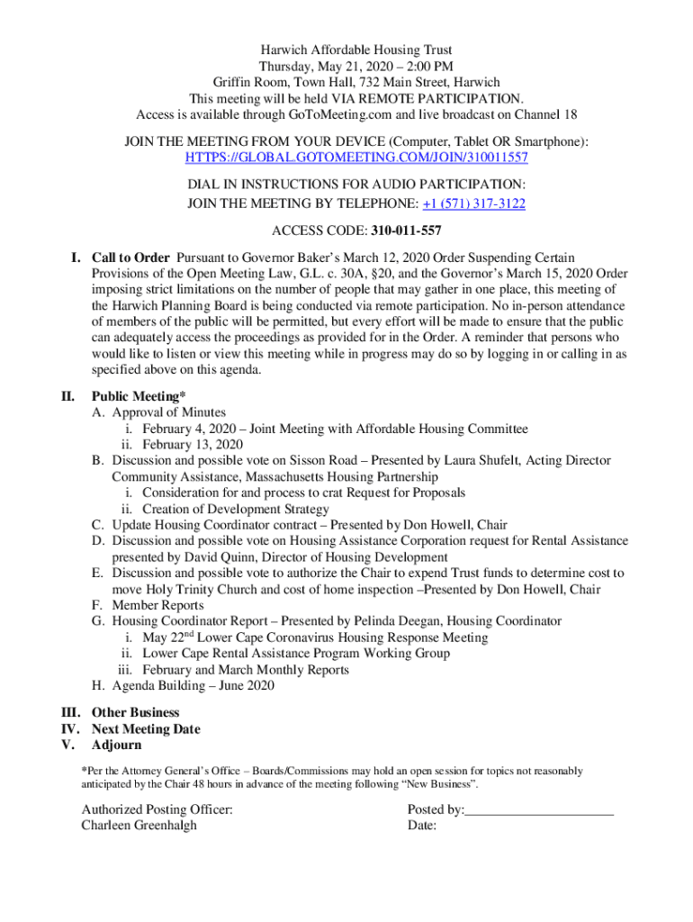 Fillable Online Harwich Affordable Housing Trust Agenda PACKET Fax