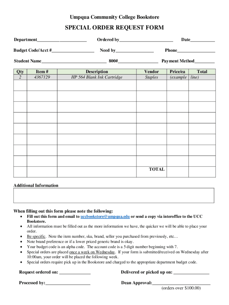 Fillable Online SPECIAL ORDER REQUEST FORM Fax Email Print pdfFiller