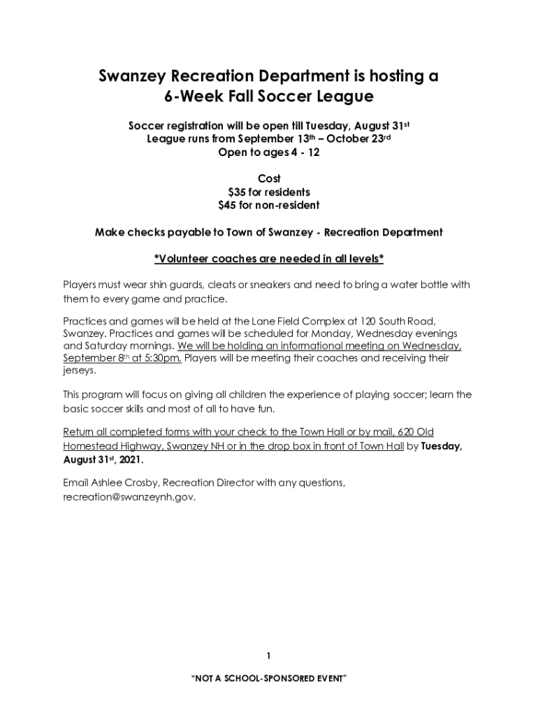 Fillable Online Hi Soccer Fans! As the... Swanzey Recreation