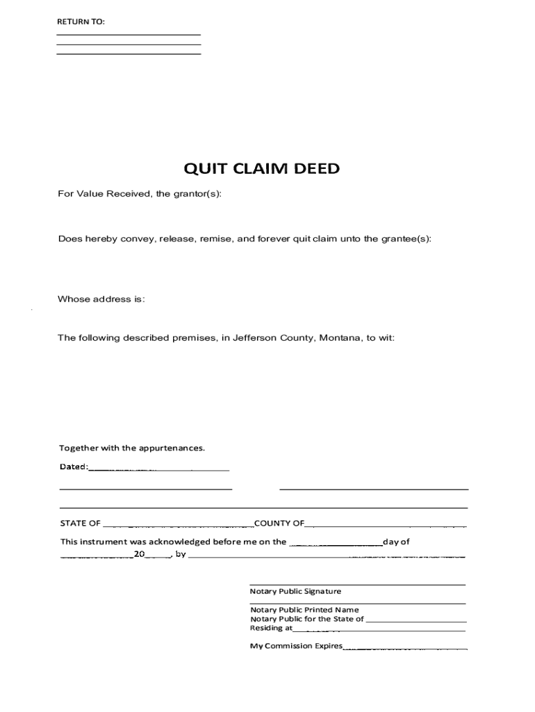Fillable Online Jefferson County Quit Claim Deed Form Montana
