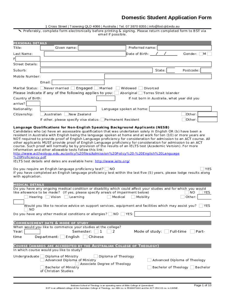 BST Application Domestic Student bst qld edu Doc Template pdfFiller