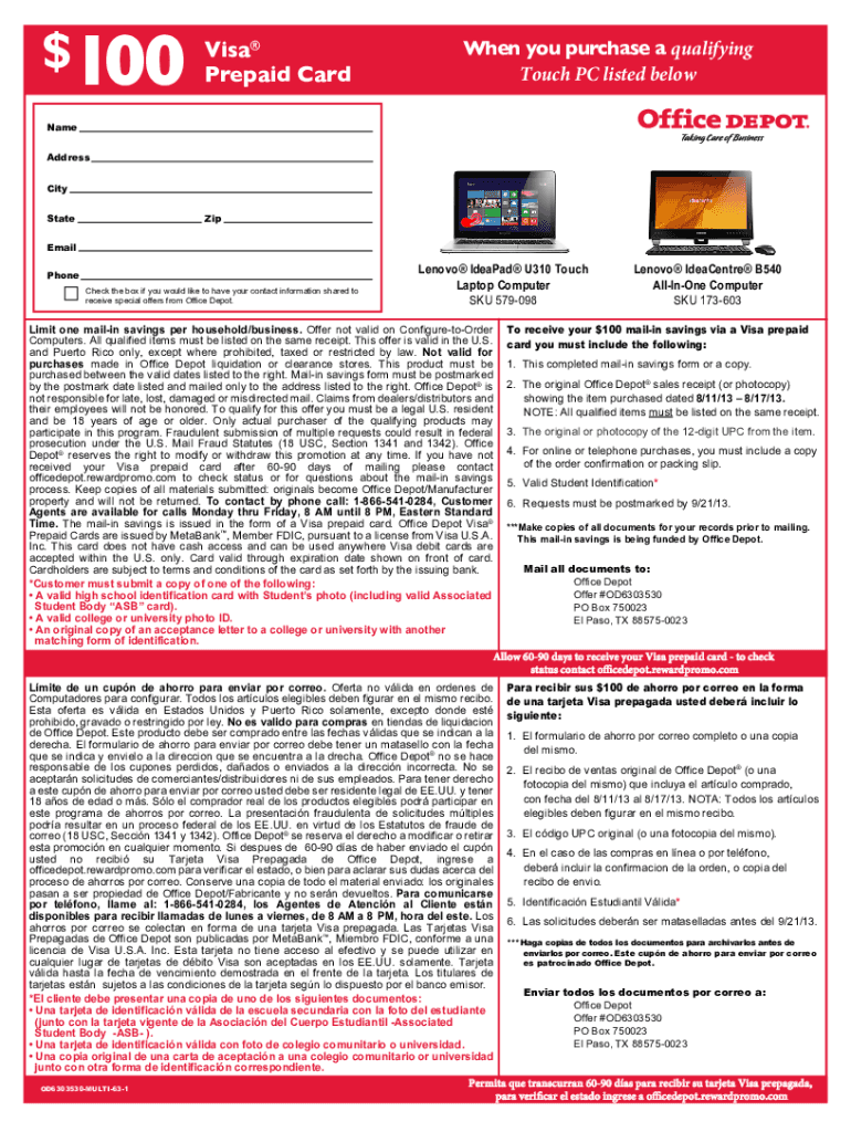 Fillable Online 100 Visa Office Depot Fax Email Print pdfFiller