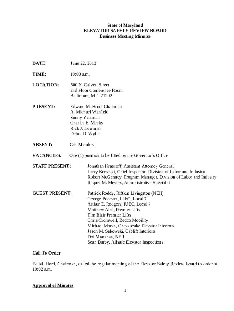 Board Business Maryland Elevator Safety Review Board Division of
