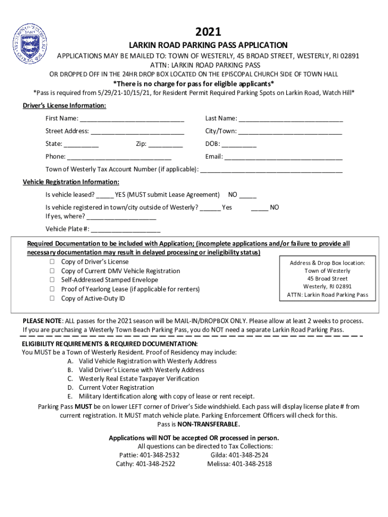 Fillable Online LARKIN ROAD PARKING PASS APPLICATION Westerly, RI Fax