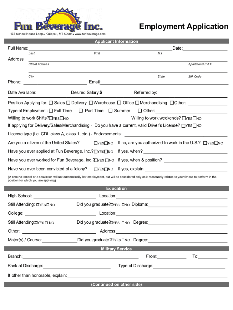 Fillable Online Employment application Fun Beverage Inc. Fax Email Print pdfFiller