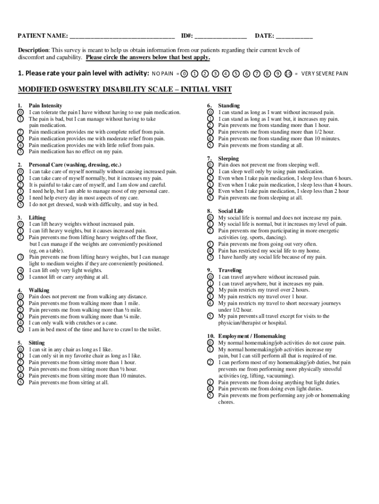 Fillable Online Modified Oswestry Disability Scale John L. Braun, P.T