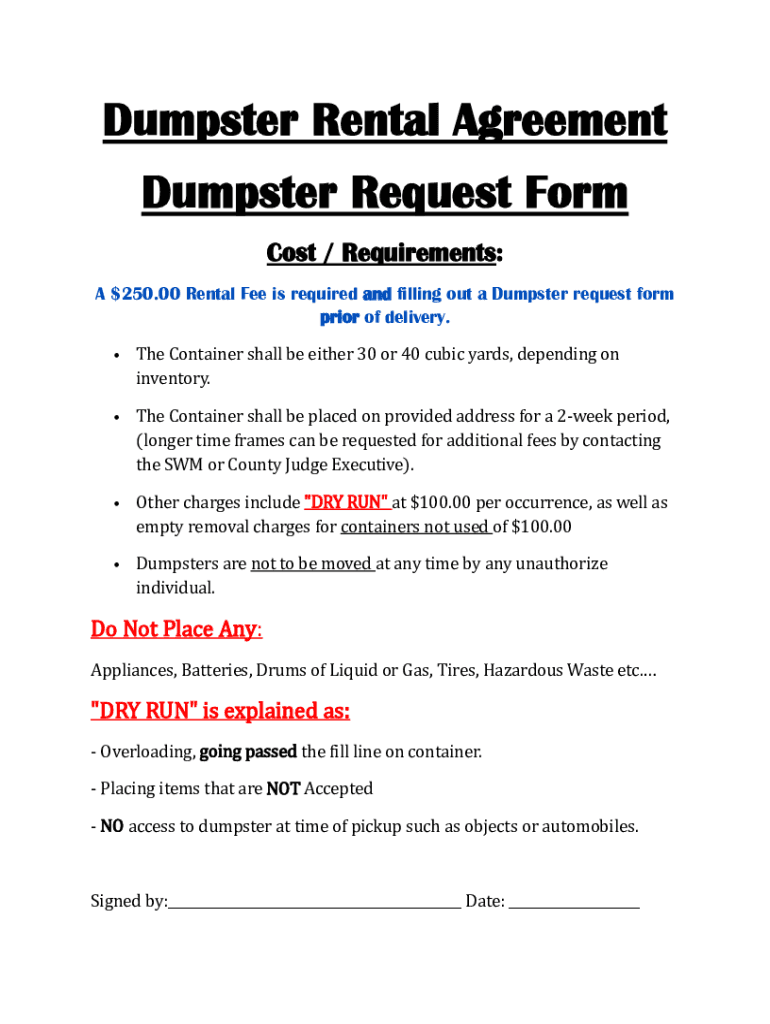 Fillable Online Dumpster Rental Agreement Dumpster Request Form Fax