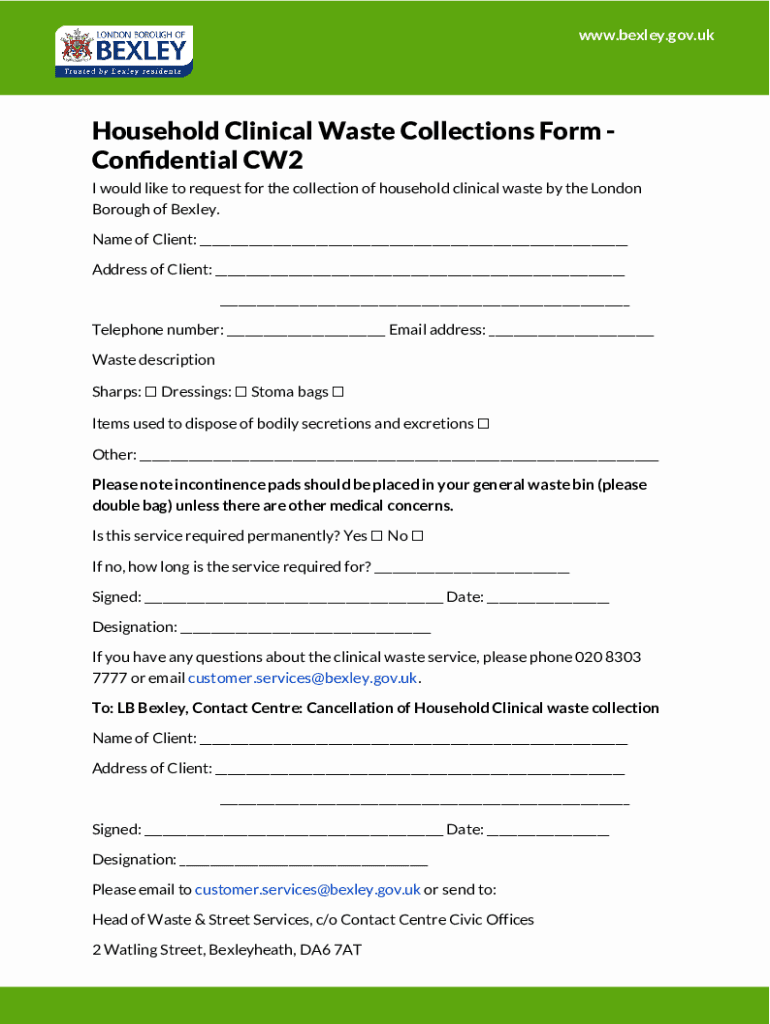 Fillable Online Household Clinical Waste Collections Form bexley.gov