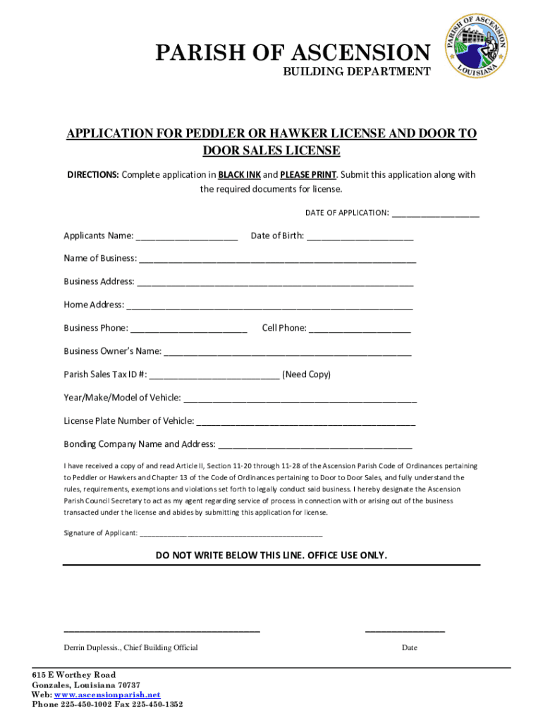 Fillable Online application for peddler or hawker license Ascension