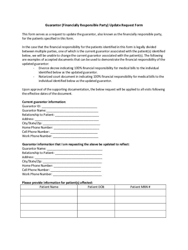 Fillable Online Guarantor (Financially Responsible Party) Update