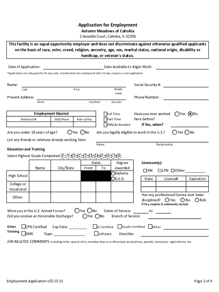 Fillable Online Autumn Meadows Job Application Fax Email Print pdfFiller